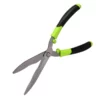 Ergonomic pruning shears with green and black handles and long stainless steel blades ready for gardening.