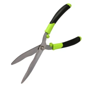 Ergonomic pruning shears with green and black handles and long stainless steel blades ready for gardening.