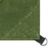Close-up of a textured green leather wallet showing stitched seams and a black fabric strap with a metal ring at the corner.