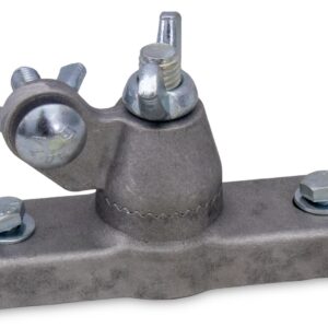 Metal swivel joint mounted on a rectangular base with two bolts, used for adjustable mounting in machinery or rigging.