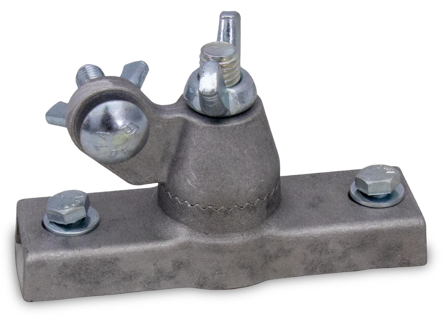 5efb86a0cb75082310878c76 - Múrbúðin Metal swivel joint mounted on a rectangular base with two bolts, used for adjustable mounting in machinery or rigging.