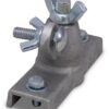 Metal cable/cargo clamp with wing nuts and bolts mounted on a gray base, used to secure components together
