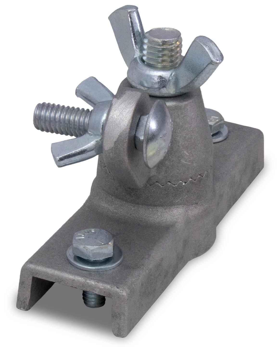 5efb86aecb75082310878c86 - Múrbúðin Metal cable/cargo clamp with wing nuts and bolts mounted on a gray base, used to secure components together