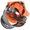 Orange hard hat with face shield and ear protection tangled together, safety gear for construction work