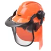 Orange safety helmet with an attached clear face shield for construction PPE