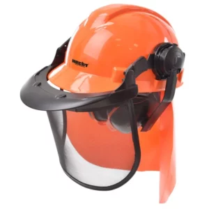 Orange safety helmet with an attached clear face shield for construction PPE