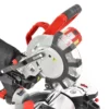 Red handheld cut-off saw with a large circular blade and protective guard, shown from a close-up side angle