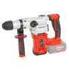 Cordless hammer drill with red and gray body, black pistol grip, and attached side handle.