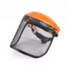 Orange welding helmet with black frame and mesh face shield, angled to the left for protection during welding.