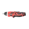 Red and black cordless drill with a metal chuck facing left, showing ergonomic grip and trigger.