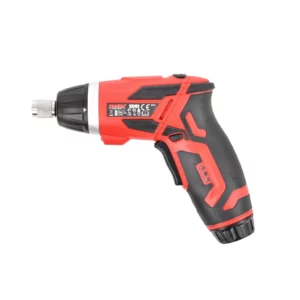Cordless power drill in red and black shown from the side with a metal chuck visible on the left of the image.
