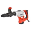 Corded electric hammer drill with orange and silver housing and a side handle, shown against a white background on the left.