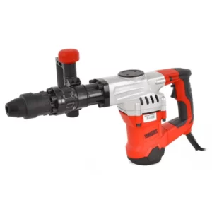 Corded electric hammer drill with orange and silver housing and a side handle, shown against a white background on the left.