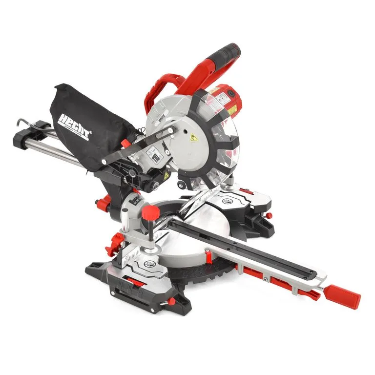 Red and black cordless miter saw with a circular blade and extendable fence for angled cuts (tool ready for cutting).