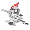 Red and silver compound miter saw with a sliding arm and black base rails, ready for cutting materials.