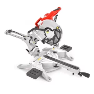 Red and silver compound miter saw with a sliding arm and black base rails, ready for cutting materials.