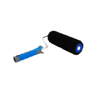 Blue-handled paint roller with a black foam roller cover.