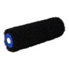 Black nap paint roller cover with blue plastic end cap, used for applying paint on walls or large surfaces.