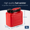 Red 5-liter fuel canister with black screw cap and flexible spout, shown from a slightly angled close-up, on a white surface with measurement graphics in the background (capacity 5L).