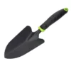 Handheld gardening trowel with a black grip and bright green accents, used for digging soil and planting.
