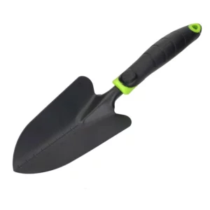Handheld gardening trowel with a black grip and bright green accents, used for digging soil and planting.