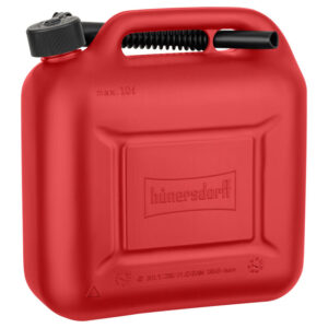 Red plastic fuel can with a black screw cap and side pouring spout, marked max 10L, featuring a built-in handle on top for carrying