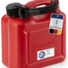 Red 5L plastic jerry can with a black screw cap and spout, featuring a German-made tag and TÜV label attached on the side.