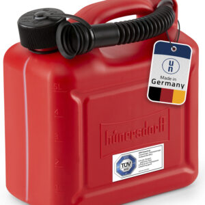 Red 5L plastic jerry can with a black screw cap and spout, featuring a German-made tag and TÜV label attached on the side.