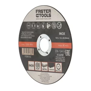 Faster Tools metal cutting disc for INOX, 125 × 1.0 × 22.23 mm; max speed 80 m/s; shows usage icons and branding.