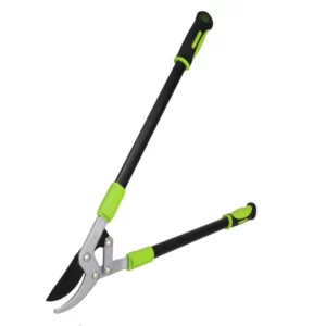 Green-and-black long-handled hedge shears with silver blades for trimming hedges and shrubs.