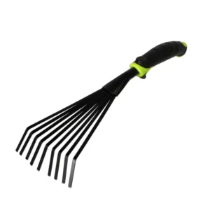 Black garden rake with lime-green accents and a textured handle, shown against a white background.