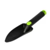 Black garden trowel with a green grip and tip, shown at an angle on a white background