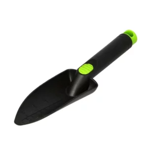 Black garden trowel with a green grip and tip, shown at an angle on a white background