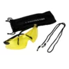 Yellow safety goggles with a black adjustable strap, shown with a drawstring pouch and a neck lanyard (protective eyewear set)
