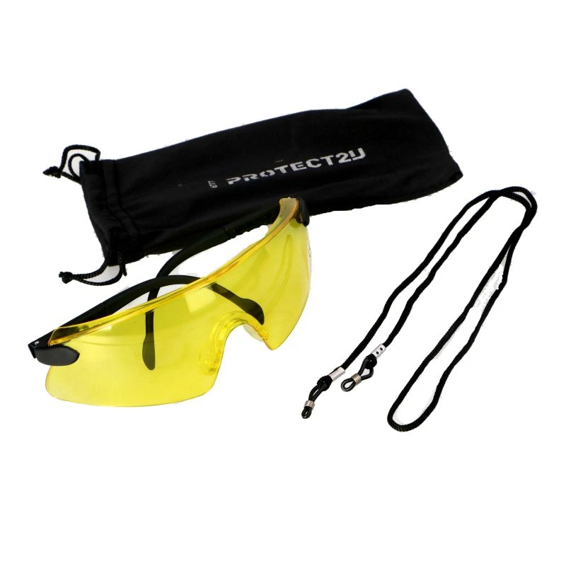 Yellow safety goggles with a black adjustable strap, shown with a drawstring pouch and a neck lanyard (protective eyewear set)
