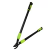 Telescoping garden pruning shears with neon green handles and a curved blade