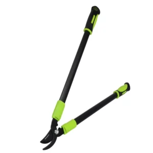Telescoping garden pruning shears with neon green handles and a curved blade
