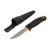 Fixed-blade knife with black grip and orange accents beside a matching sheath (outdoor knife product).
