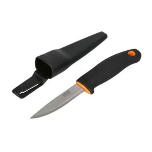 Fixed-blade knife with black grip and orange accents beside a matching sheath (outdoor knife product).