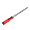 Hand saw with a red and black handle and a long serrated blade