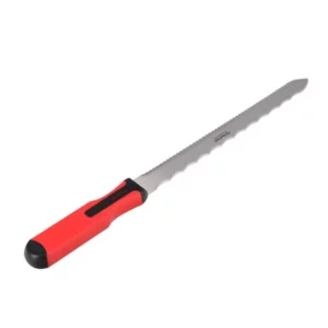 Hand saw with a red and black handle and a long serrated blade