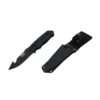 Black folding knife with textured handle and matching sheath on a white background.