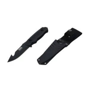 Black folding knife with textured handle and matching sheath on a white background.