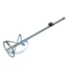 Drill-powered paint mixer attachment with a long handle and circular mixing head for stirring coatings