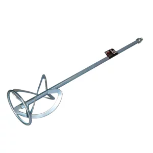 Drill-powered paint mixer attachment with a long handle and circular mixing head for stirring coatings