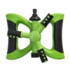 Green and black rotary lawn sprinkler with four spray arms extending from a central hub, used to water a yard.