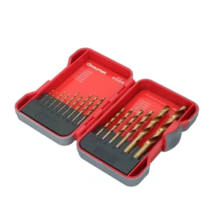 Open red and gray dual-compartment drill bit case containing assorted drill bits organized by size, ready for use.