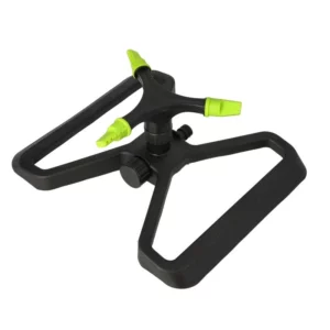 Three-arm garden sprinkler with adjustable green spray nozzles on a black base for lawn irrigation.