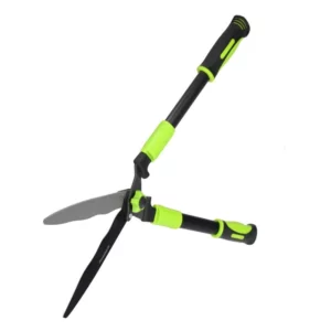 Green-and-black extendable pruning shear with locking handles and curved blade