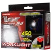 Dekton cordless worklight packaging highlighting 450 lumens, 100 m beam distance, batteries included, with an image of the light and a worker using it in a dark setting